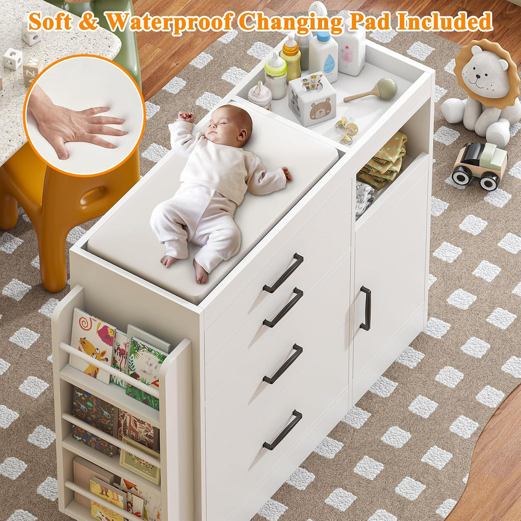 Changing Table Dresser, Baby Nursery Dresser with 4 Drawers & 1 Cabinet & 3 Open Shelves Storage, Modern Diaper