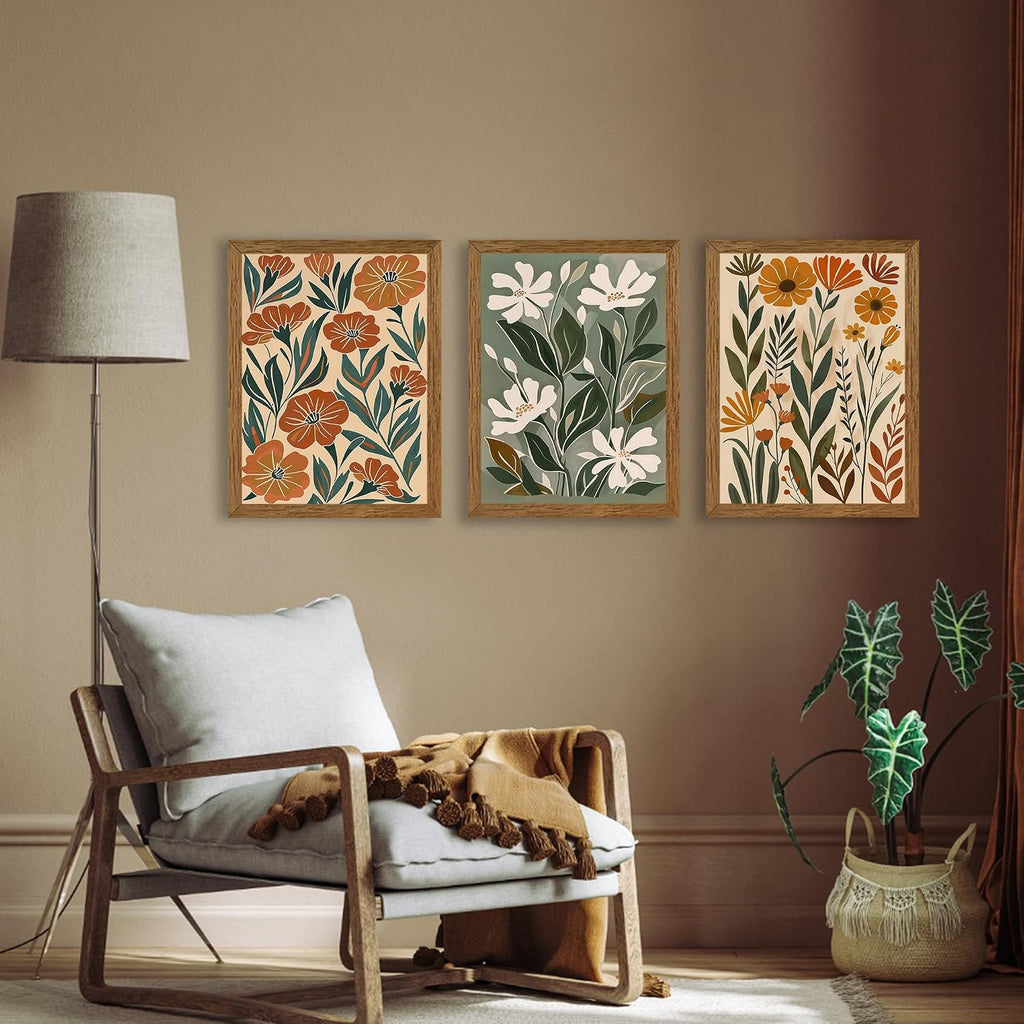 3 Piece Abstract Boho Floral Canvas Wall Art, Green Beige Flower Market Wall Decor, Minimalist Colorful Botanica