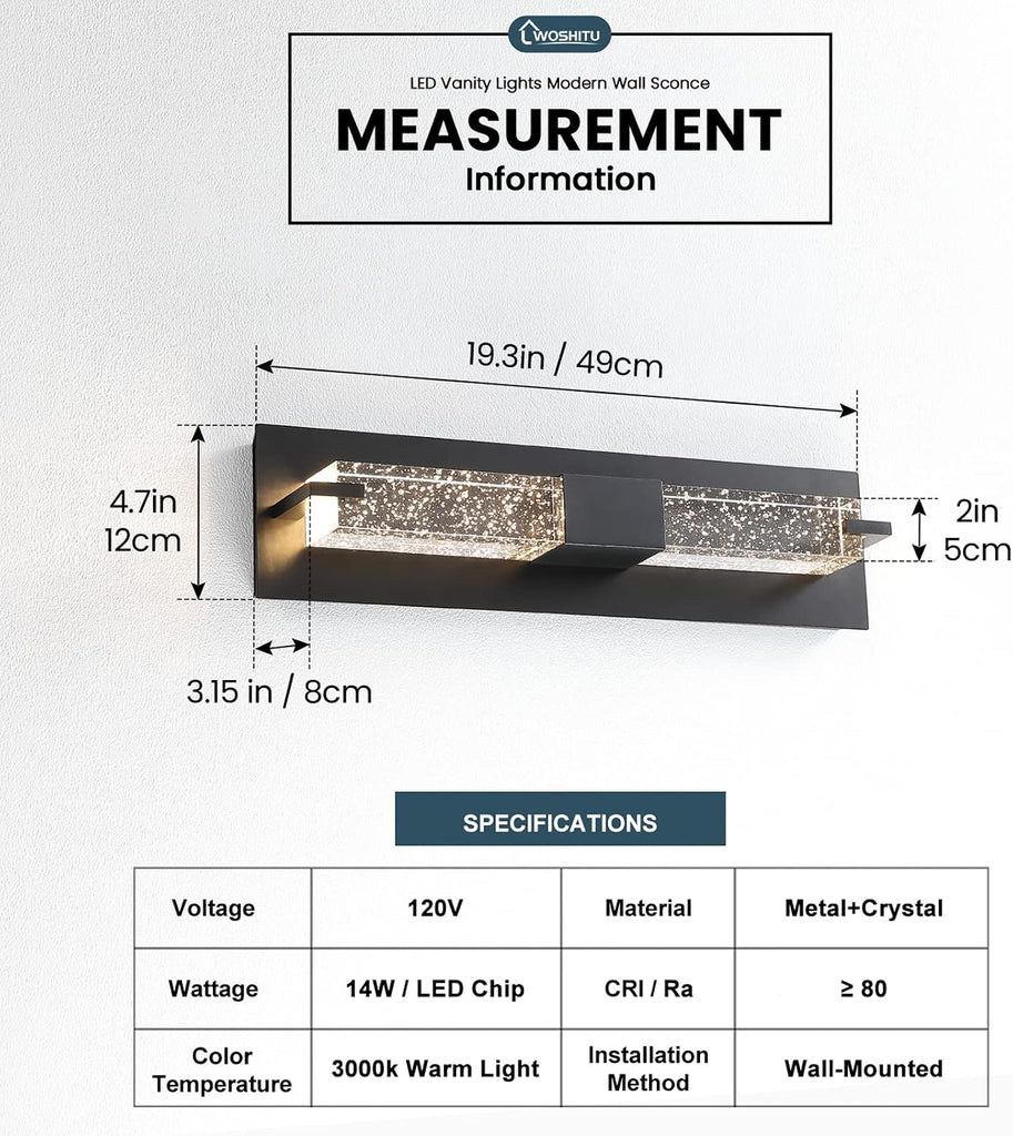 LED Wall Sconce Light: 19 Inch Black Modern Sconces Wall Lighting 3000K Dimmable Crystal Wall Lamps Indoor Bathroom