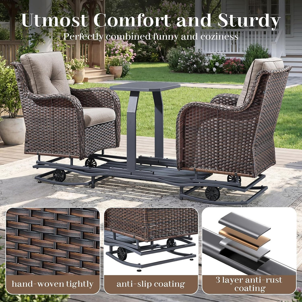 Luxury Outdoor Wicker Glider Rocker Chairs for 2 Seats, Patio Wicker Rattan Glider Rocker Chairs with Table, Rocker