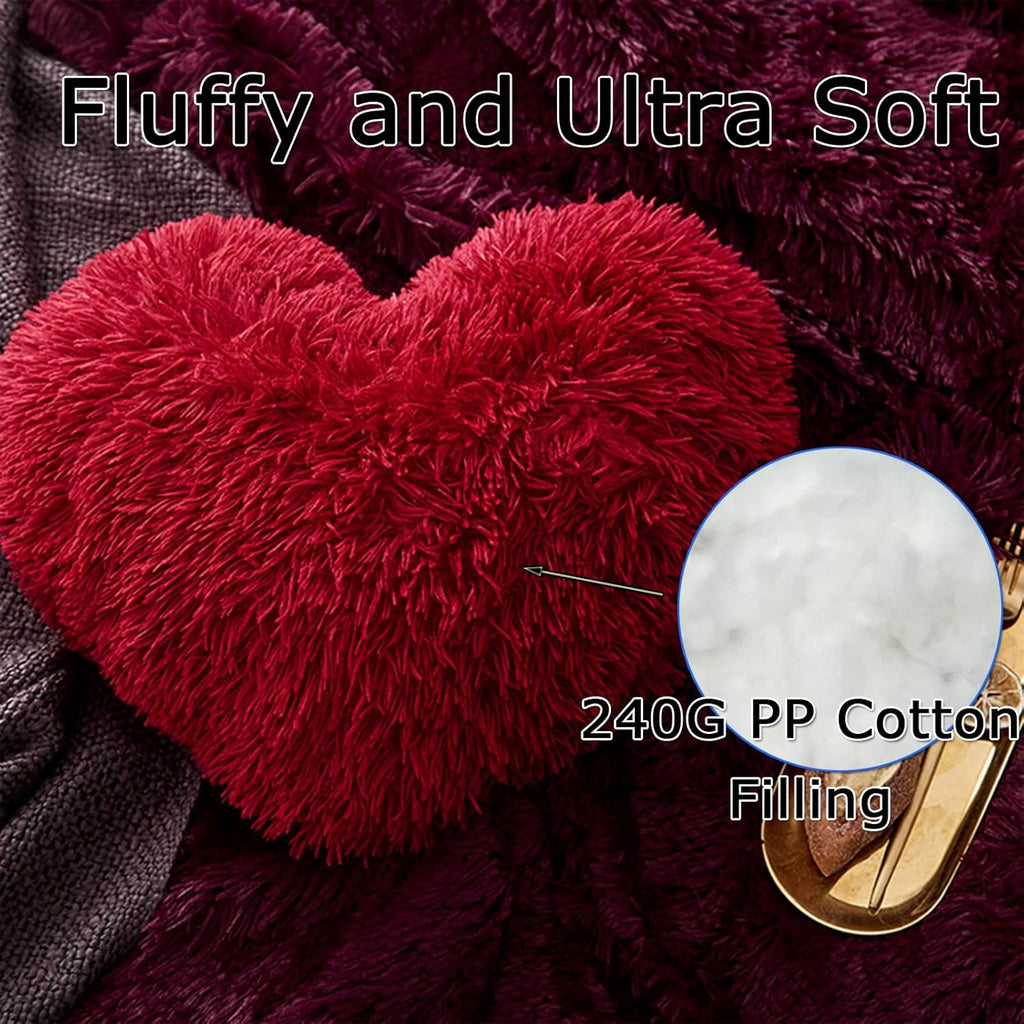 Fluffy Heart Throw Pillows, Shaggy Decorative Pillow, Cute Room Decor Decorations for Women Girls Kids (Dark Red)
