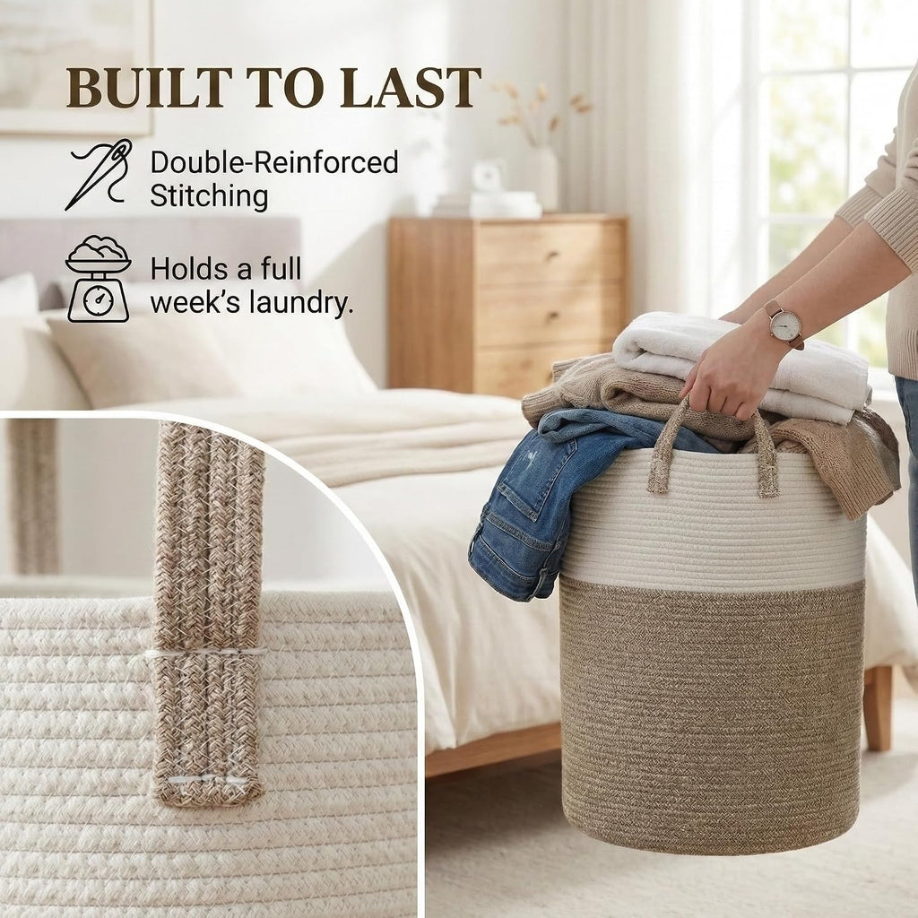 100L Cotton Rope Laundry Basket Hamper, Brown | Collapsible Laundry Basket, Reinforced Handles, Freestanding, Machine