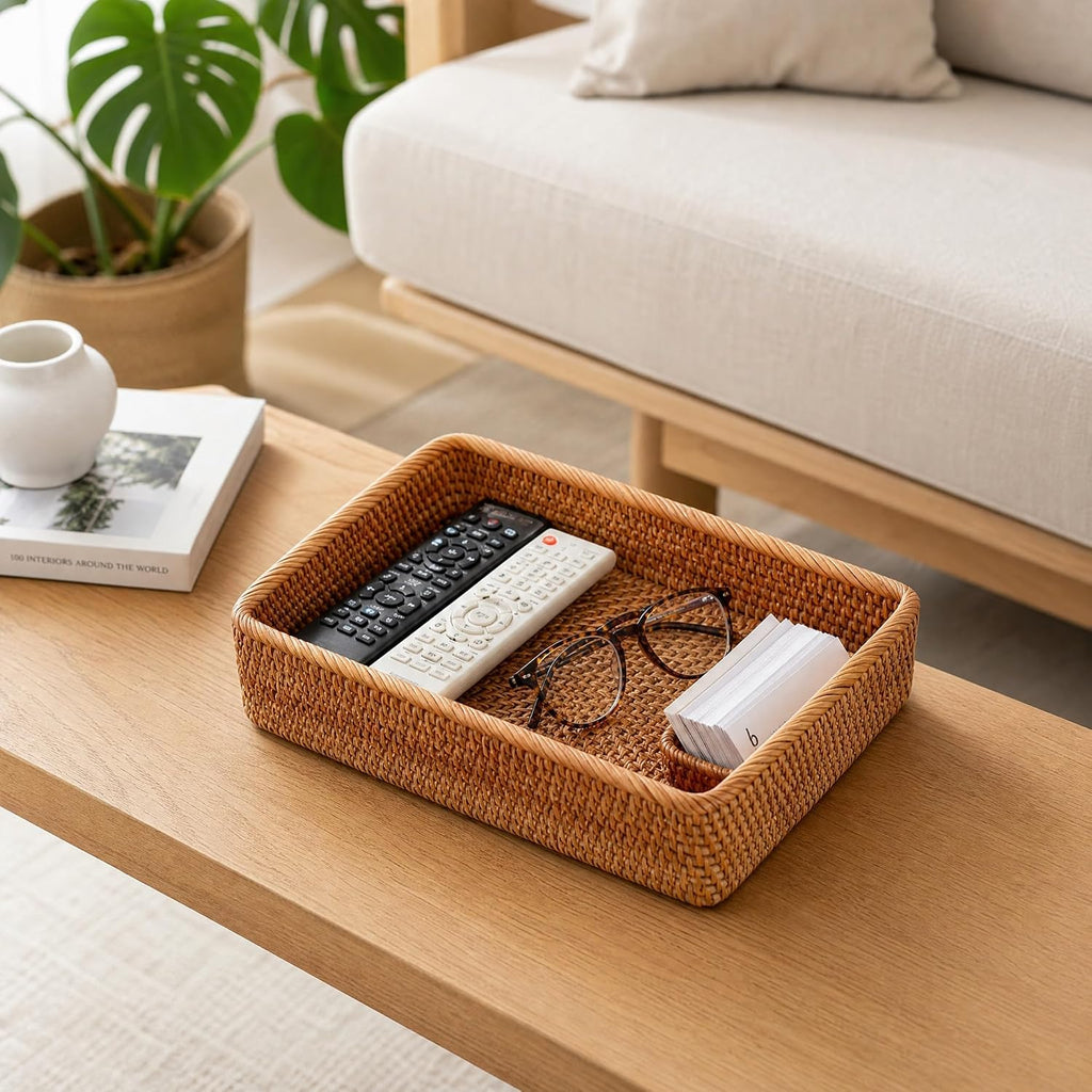 3 Pack Natural Rattan Storage Baskets, Rectangular Woven Fruit Baskets for Decor, Handmade Woven Nesting Bread