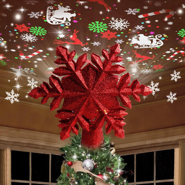 Christmas Tree Topper Lighted with 6 Projected Patterns -Snowflake Tree Topper Magic Rotating Lights -3D Glitter
