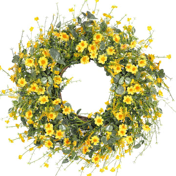 Yellow Daisy Wreath 24 Inch Spring Summer Wreath Fake Silk Floral Wreath with Green Eucalyptus Leaves and Lavender