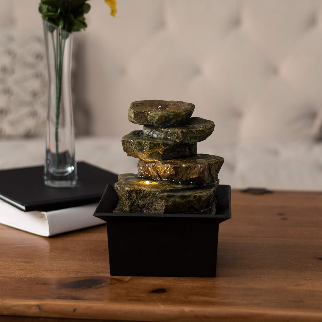 Tabletop Water Fountain- 8” Cascading Rock Formation Waterfall with LED Light, Electric Pump & Soothing Sounds Decor