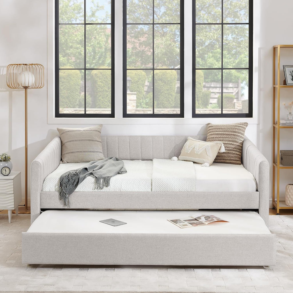 Daybed with Trundle, Modern Linen Full Day Bed with Pull Out Trundle Bed, Upholstered Sofa Bed with Stripes