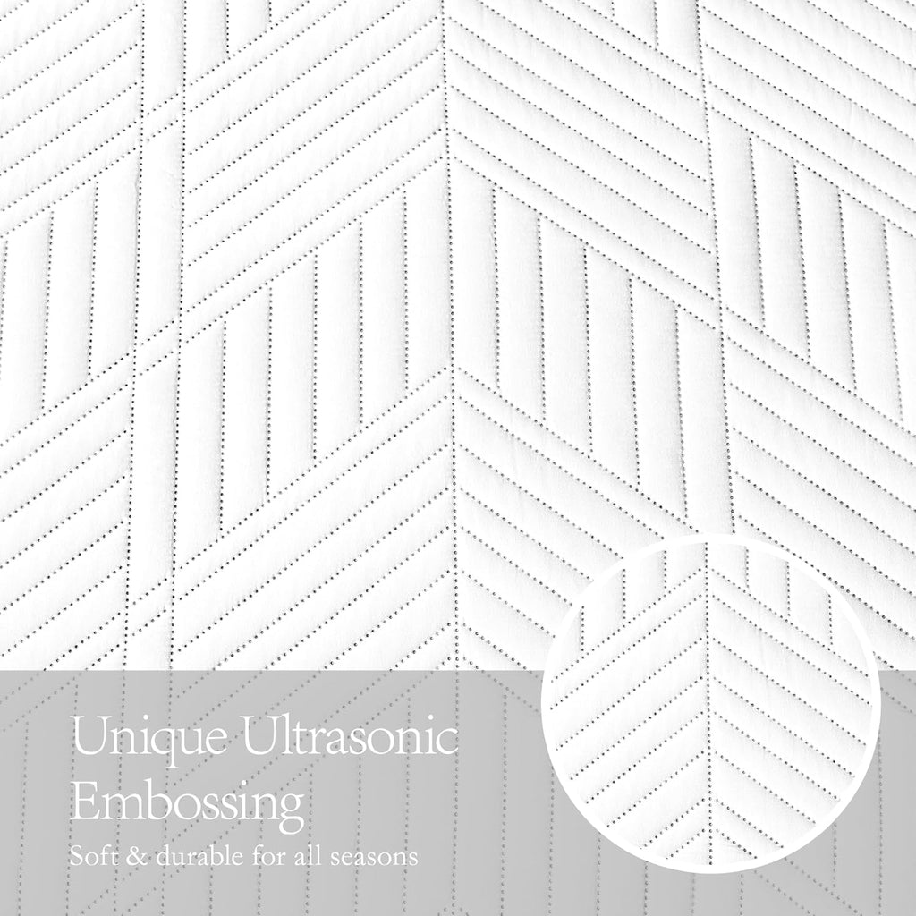Quilt Bedding Set, White Ultrasonic Quilt Set Reversible Microfiber Bedspread, Lightweight Soft Modern