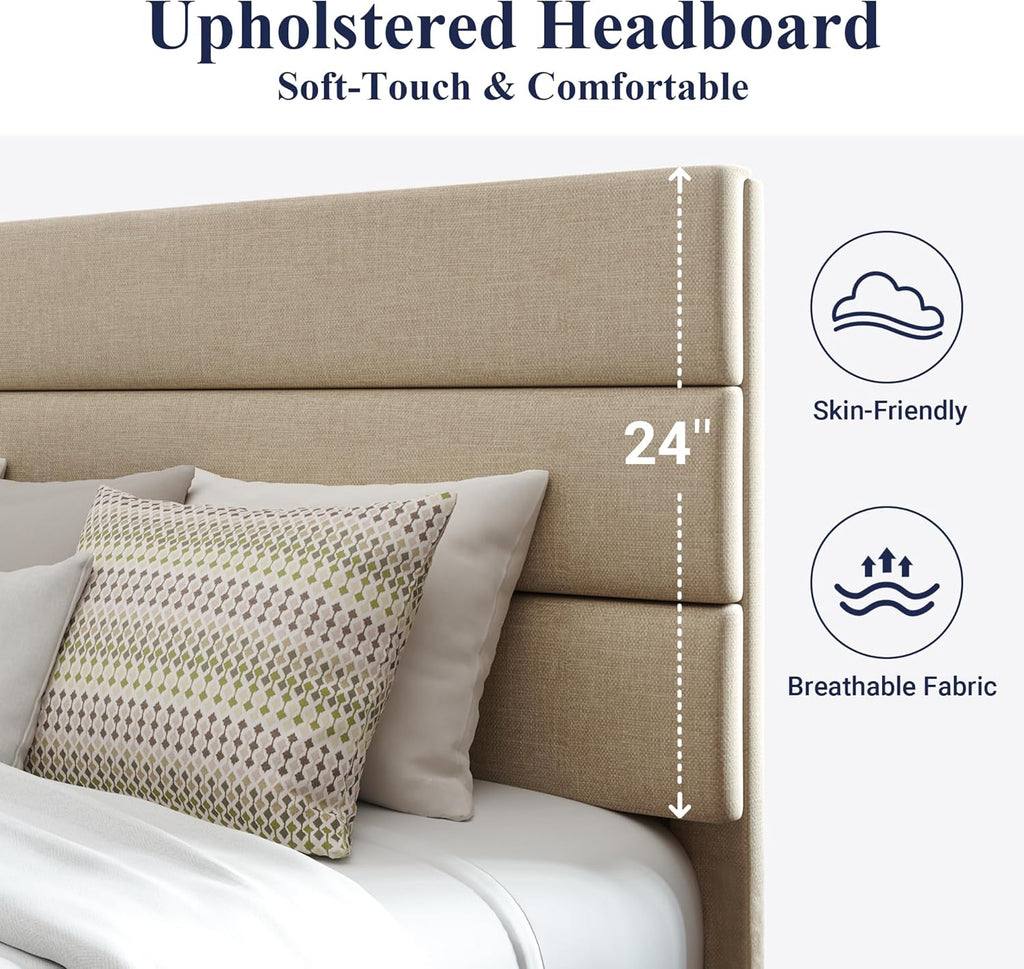 Queen Platform Bed Frame with Fabric Upholstered Headboard and Wooden Slats Support