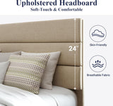 Queen Platform Bed Frame with Fabric Upholstered Headboard and Wooden Slats Support
