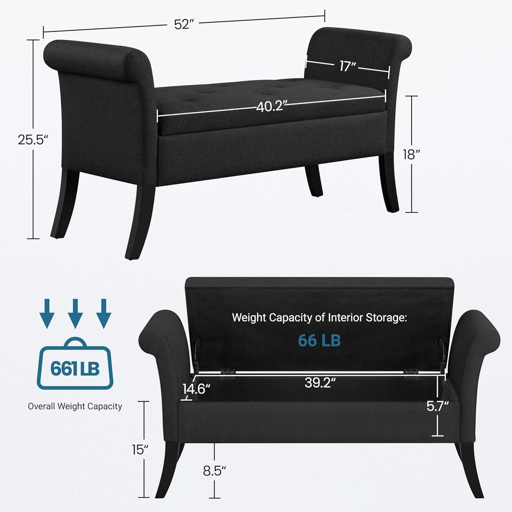 52in Black Storage Bench End of Bed with Rolled Arms | Button-Tufted Bench Seat with 1.9C Storage Space, Rolled Arms