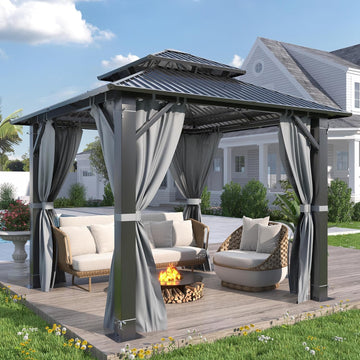 8.5' x 8.5' Outdoor Hardtop Gazebo - Aluminum Heavy-Duty Double Roof Vented Gazebo with Breathable Netting & Privacy