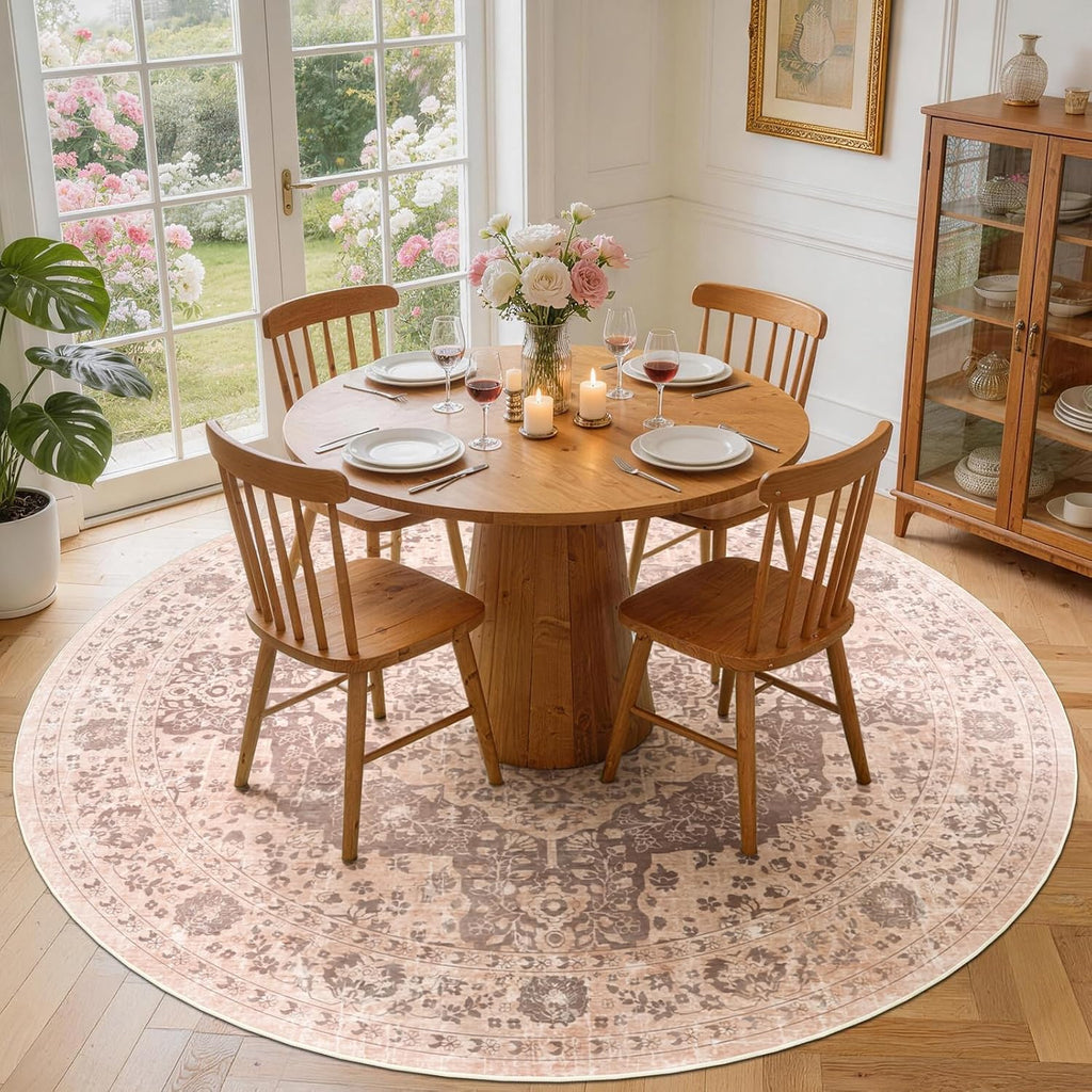 Boho 8ft Vintage Washable Round Area Rug, Soft Non-Slip Large Round Indoor Rug, Thin Distressed Oriental Carpet