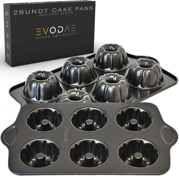 Mini Bundt Cake Pans for - Set of 2 - 6 Cups Each (12 Cups Total) - Nonstick Black Carbon Steel - Heavy-Duty & Built
