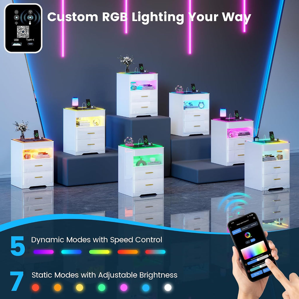 LED Nightstand with RGB Lights - Smart Night Stand with Charging Station, Modern Bedside Table with Tempered Glass