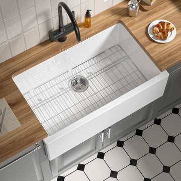 Self Trimming Farmhouse Sink 33 Inch, White Fireclay Kitchen Sink