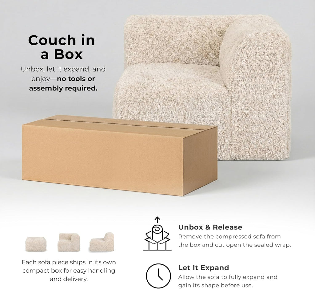 Havyn Modern Faux Fur 5-Seater L-Shaped Modular Foam Sectional Sofa, Compressed Couch in a Box, No Assembly Required