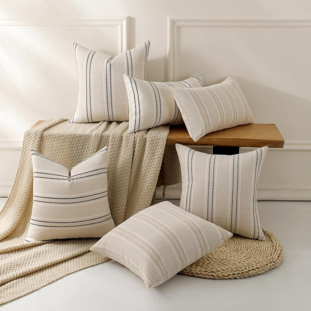 Decorative Pillow Covers 18x18 Striped Throw Pillows Textured Linen Pillow Covers Farmhouse Decor Cushion Covers, Grey