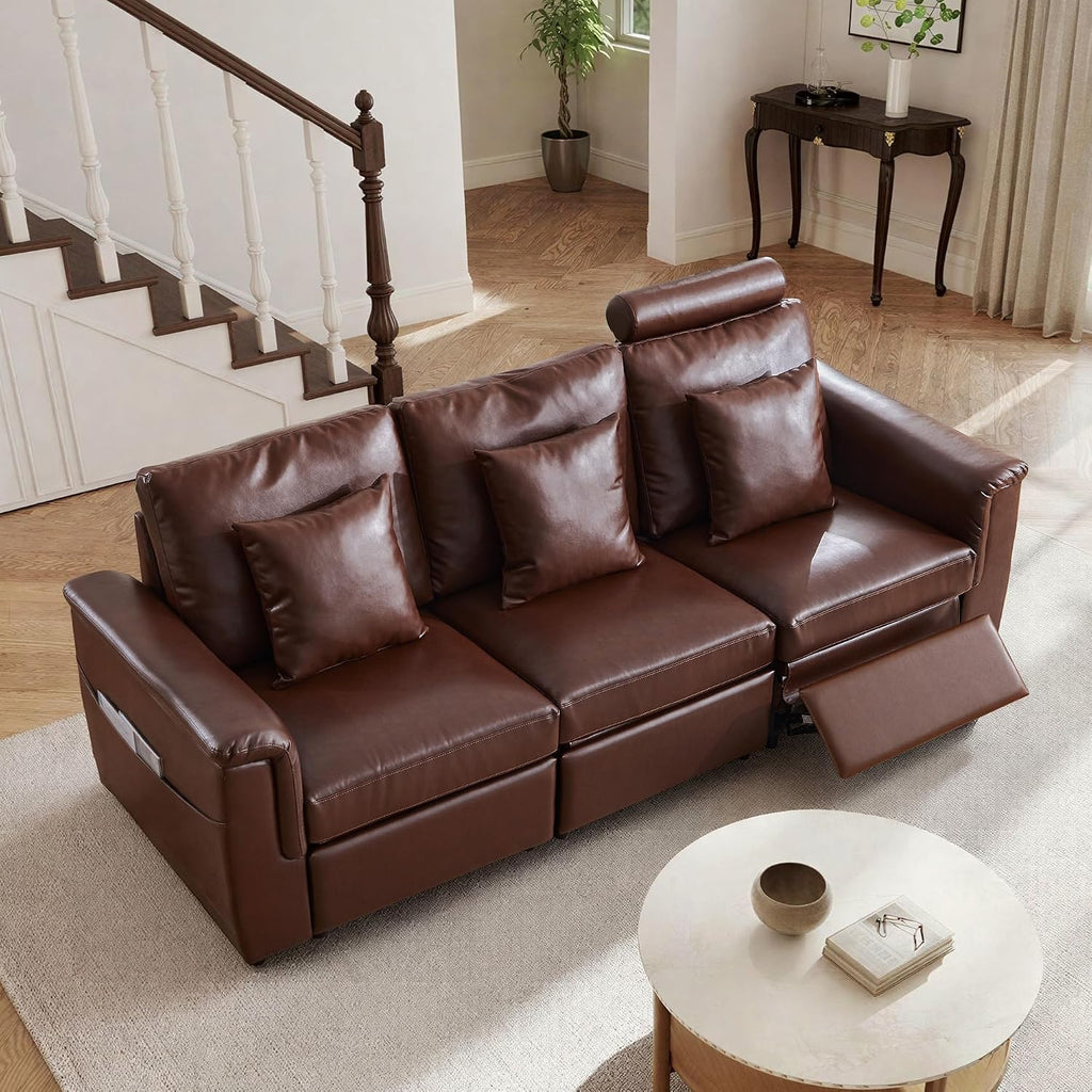 Modern Faux Leather Armless Power Recliner Sofa Seat for Modular Sectional Couch -Dark Brown
