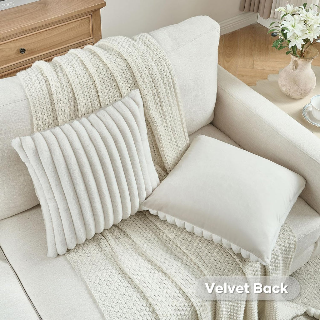 Pack of 2 Fluffy Faux Fur Throw Pillow Covers 18x18 Inch Elegant Striped Textured Decorative Cushion Cases Modern