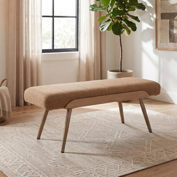 Mid-Century Modern Upholstered Bench, Channel Tufted Ottoman Bench with Solid Wood Trim and Bronze Metal Legs, 35.5"