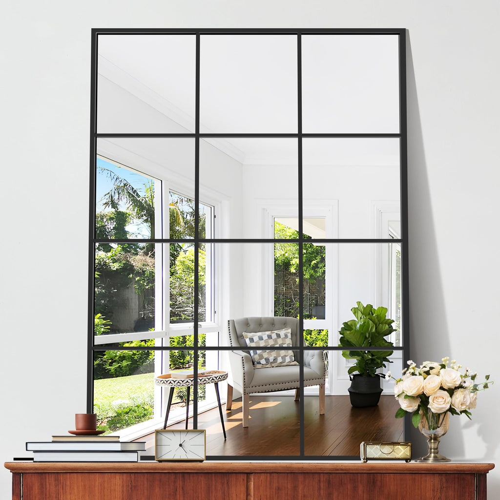 Rectangle Mirror Wall Mounted, 36"x48" Window Pane Mirror Wall Decor Metal Framed, Large Black Mirror Living Room