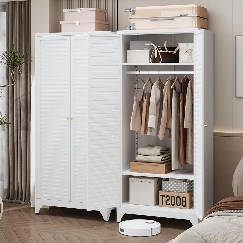 71"Armoire Wardrobe Close,White Wardrobe Cabinet with Hanging Rod | Metal Closet Cabinet with Doors and Adjustable
