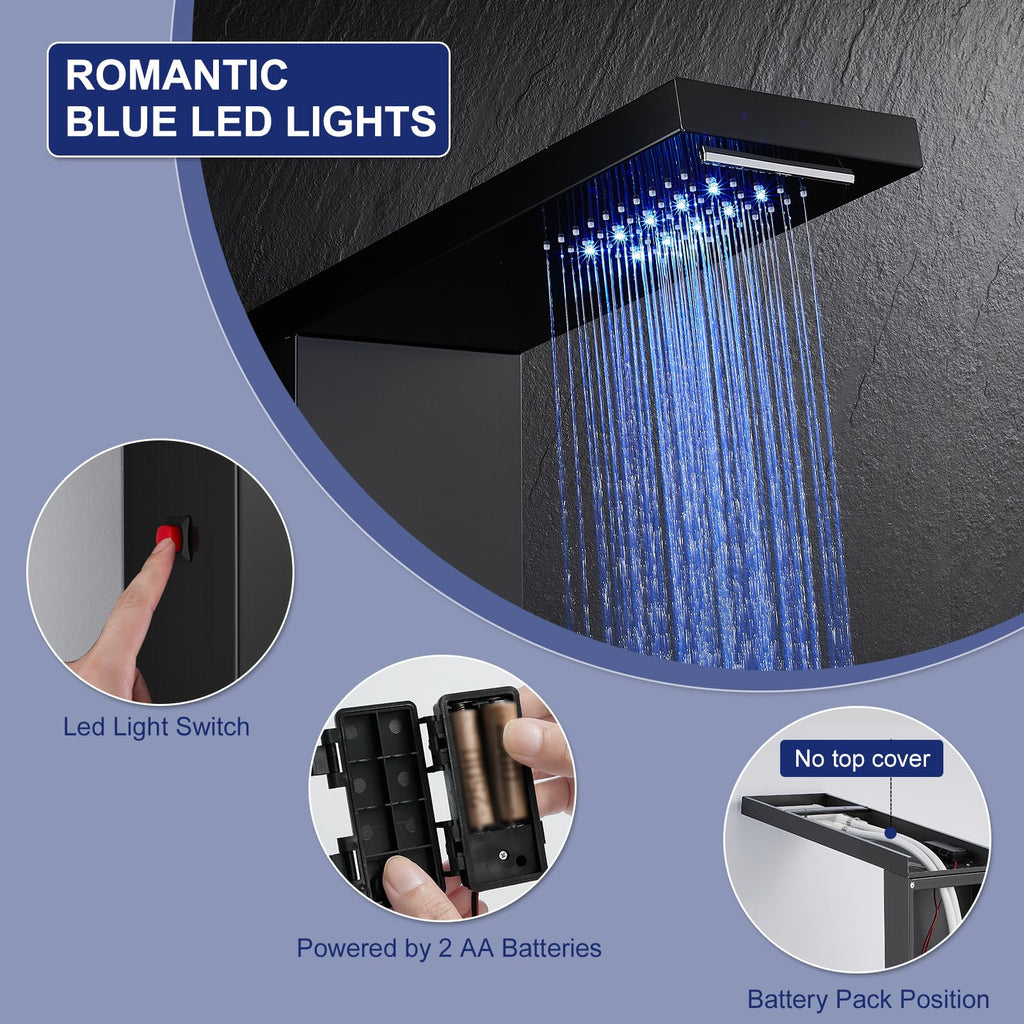 5 in 1 LED Rainfall Waterfall Shower Panel Tower System, Black
