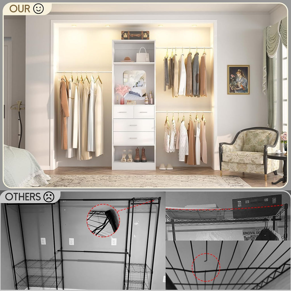 8FT Closet System with Mirror and 3 Extendable Hanging Rods, White | 48" - 96" Walk in Closet Organizer with 4