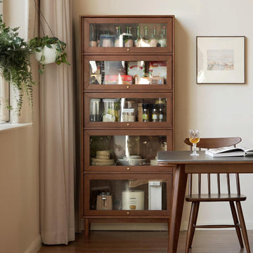 Solid Wood Bookshelf with Glass Flip-Up Doors, Vintage Display Cabinet, Solid Rubber Wood Combination Bookcase