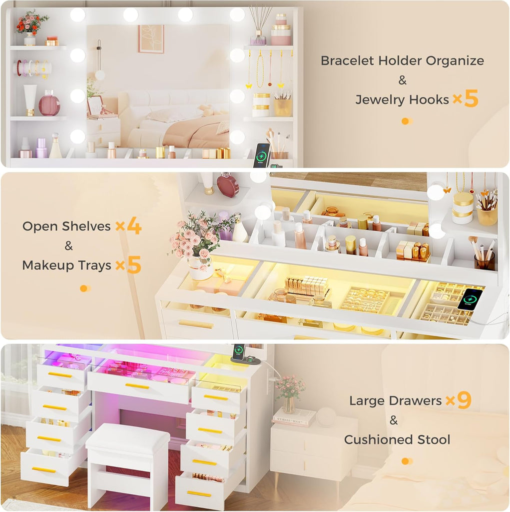 Large Vanity Desk with Mirror and Lights & Transparent Glass Top | 3 Colors Makeup Vanity Table Set with 9 RGB