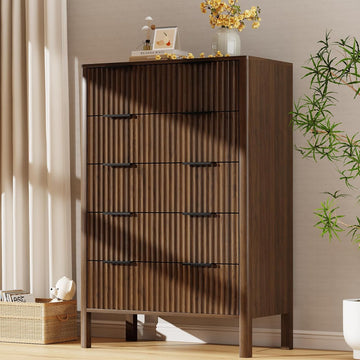 47 Inch Tall Dressers Fluted 5 Drawer Dresser, Wooden Dresser Modern Chest of Drawers Dressers with Organizer Storage