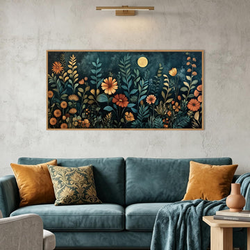 Vintage Dark Botanical Framed Canvas Wall Art Set,Colorful Floral Wall Decor,Moody Blue Wildflower Wall