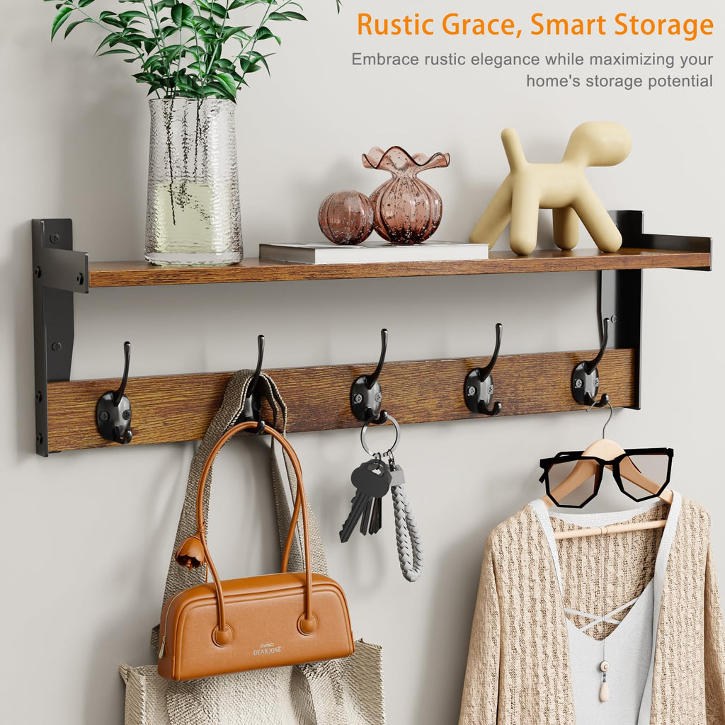 Coat Rack with Wall Mount, 23 Inch Long Entryway Wall Shelf with Hooks, Wood Hanger with Storage Shelf, Rustic Brown
