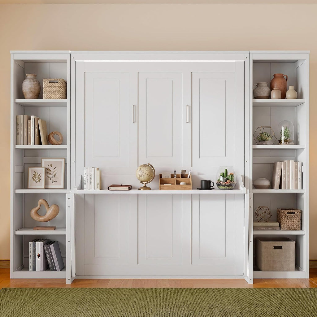 Murphy Bed Queen with Small Desk and Bookcase, Vertical Murphy Wall Bed Cabinet Desk and Bookshelf Storage Combo
