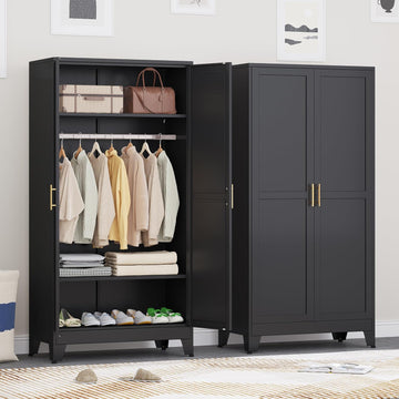 71" H Metal Armoire Wardrobe Closet, Adjustable Shelve, Clothes Drying Pole, Steel Wardrobe Cabinet (Black)