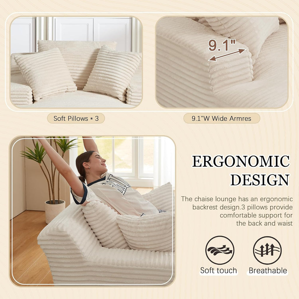80 Inch Chaise Lounge Chair Indoor, Oversized Corduroy Upholstered Boneless Sofa Bed, Deep Seat Sleeper Couch Reading