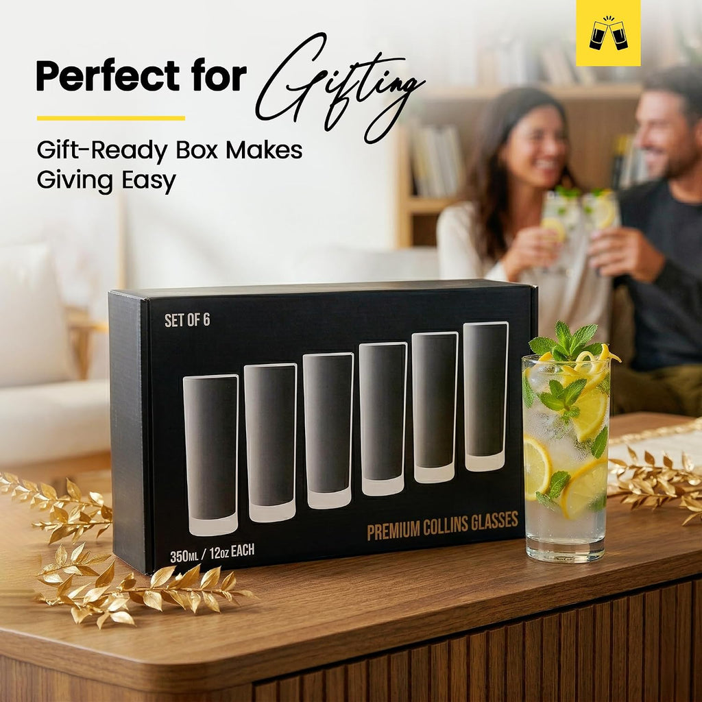 Premium Highball Glass Set | Tom Collins Glasses 12oz Set of 6 | Lead-Free Glass with Heavy Base | Dishwasher Safe