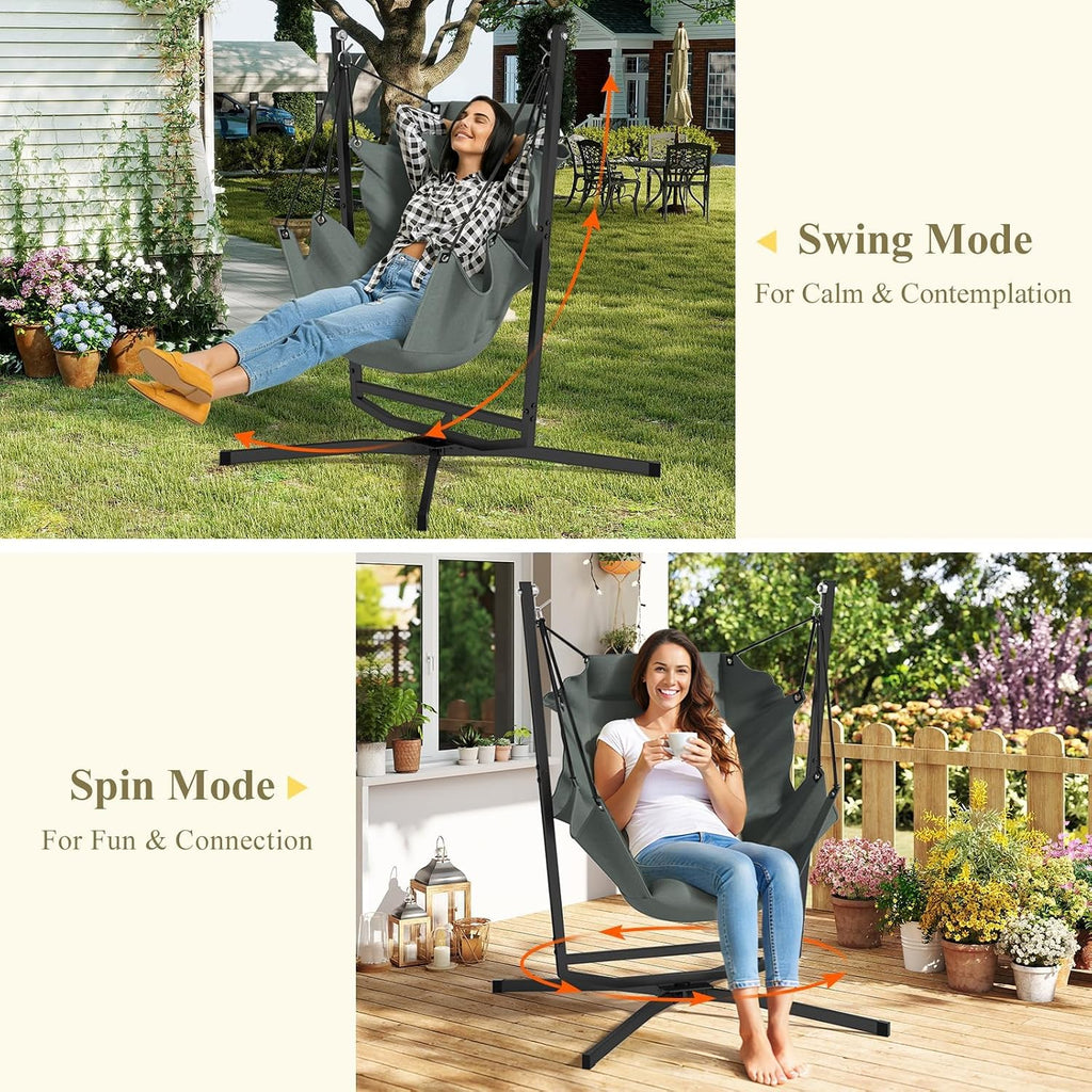 360° Swivel Outdoor/Indoor Swing Chair with Stand&Cushion.(400lbs)(Grey) | Perfect for People Enjoying Leisure Time