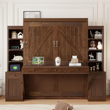 Queen Murphy Bed with Desk and LED Lights, Power Outlet, Foldable Murphy Cabinet Bed with Open Storage Shelves &