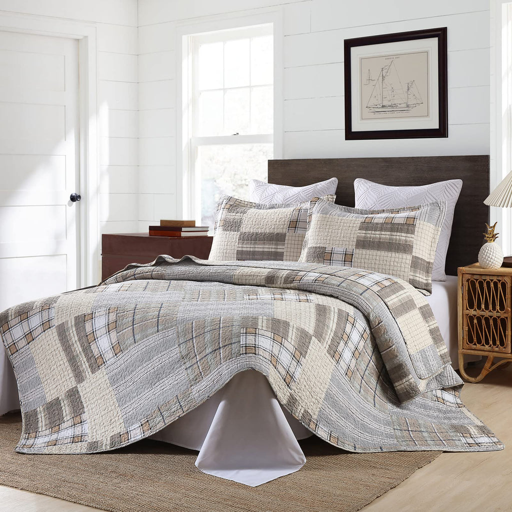 Quilts - Quilt Bedspread Sets, 100% Cotton Patchwork Quilt Bedding Set for Bed, 3 Pieces Plaid