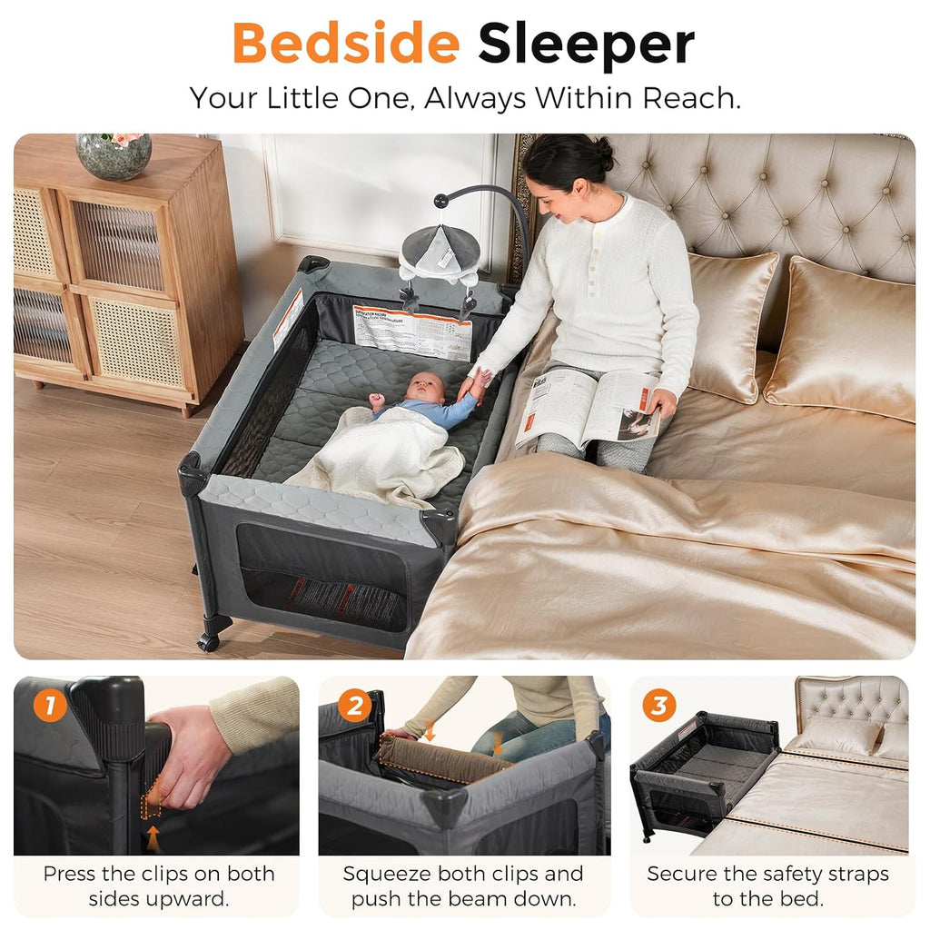 Pack and Play with Bassinet - 7 in 1 One-Step Setup Bedside Crib, Portable Playpen, Travel Crib, Baby Playard with