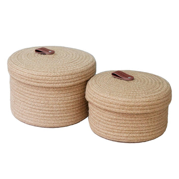 Set of 2 Round Jute Rope Storage Baskets with Lids -Leather Handles- Decorative Woven Organizer Bin, Small Basket