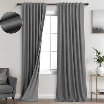 108 Inch Long Soundproof Blackout Curtains 9FT 9 FT Dark Grey Linen Black Out Pleated Sound Proof Curtains for Movie