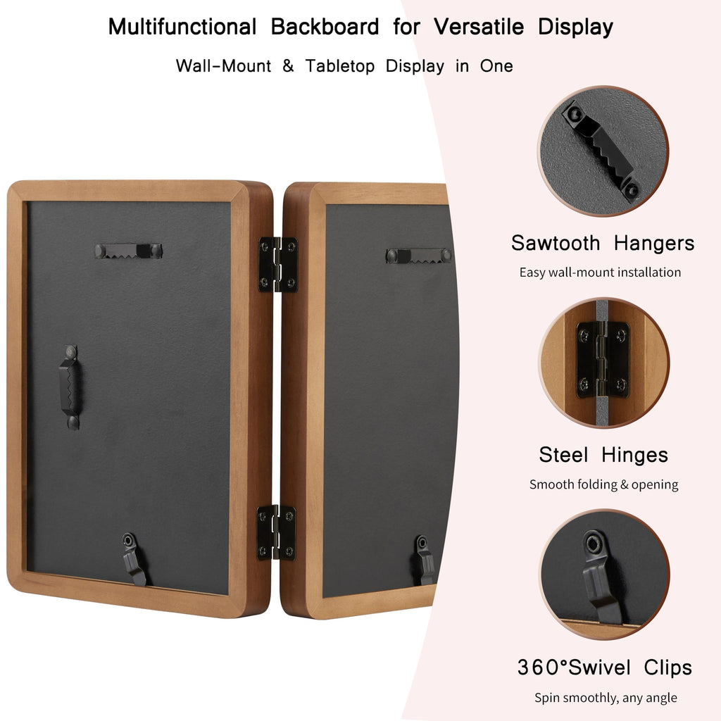 Hinged Double Picture Frame 5x7, Vertical Folding Pine Wood Frame with Real Glass, Matted to 4x6, Free-Standing