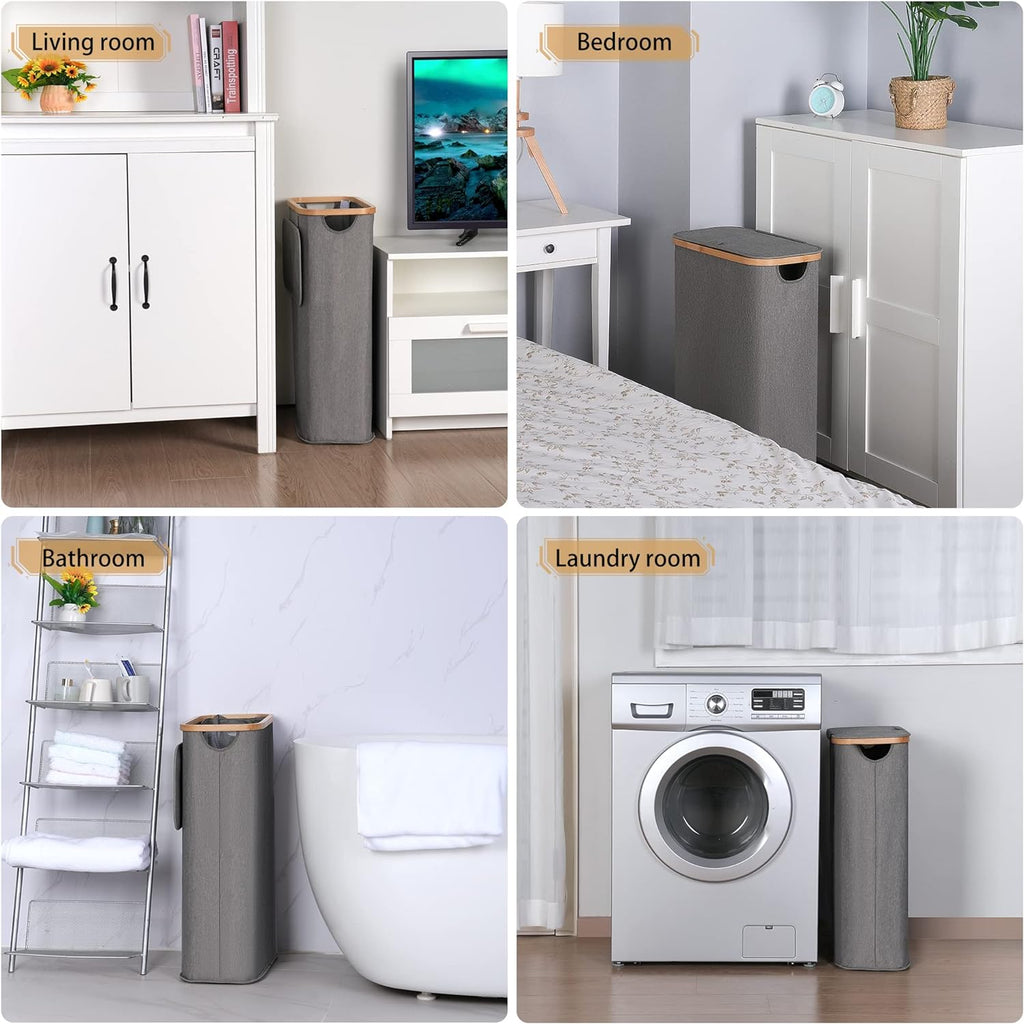 65L Slim Laundry Hamper, Narrow Laundry Basket with Lid,Foldable Clothes Hamper with Bamboo Handles,Hamper Basket