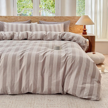 Striped Duvet Cover Set 100% Washed Cotton Linen Like Super Soft Chic Bedding Set 3 Pcs Light Brown-White