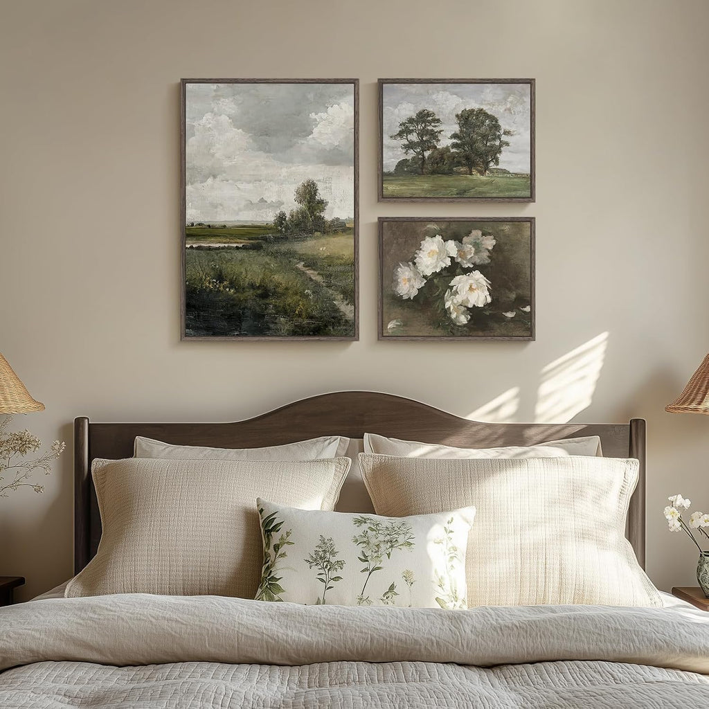 3 Piece Framed Vintage Landscape Canvas Wall Art Set, Large Green Tree and Floral Farmhouse Artwork for Walls, French