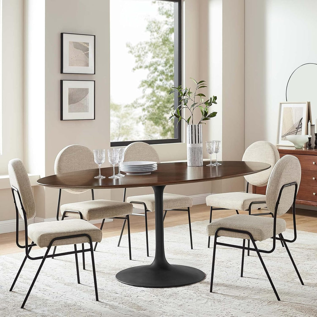 Inspired Saarinen Style Tulip Oval Pedestal Dining Table — Black Base / Walnut Top, 78″ Oval