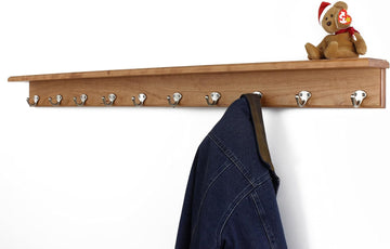 Solid Cherry Shelf Coat Rack with Satin Nickel Single Style Hooks (Cherry, 53" with 10 Hooks)